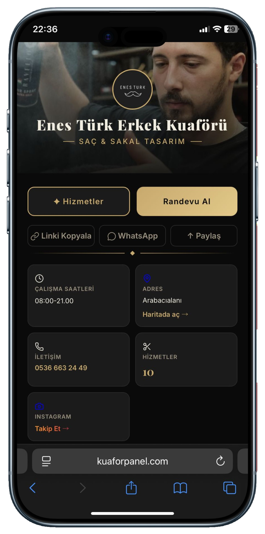 Enes Türk Erkek Kuaförü'nün Kuaförpanel ile hazırlanmış canlı vitrin sayfası